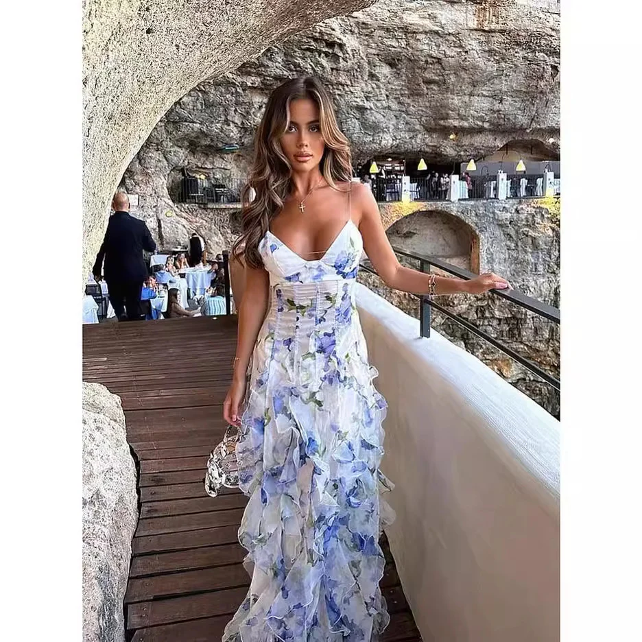 Damen Maxikleid mit floralen Rüschen und schwingendem Saum R&B