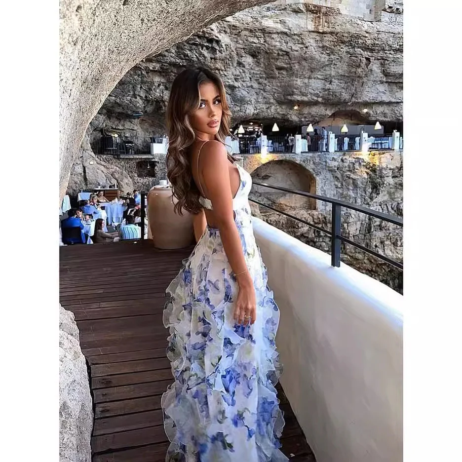 Damen Maxikleid mit floralen Rüschen und schwingendem Saum R&B - Image 2