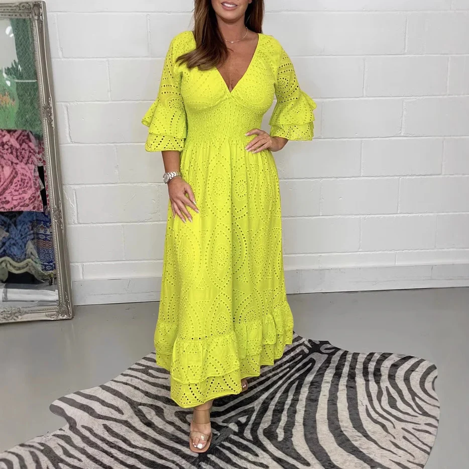 Damen Maxikleid mit floraler Lochstickerei und weiten Ärmeln R&B - Image 4