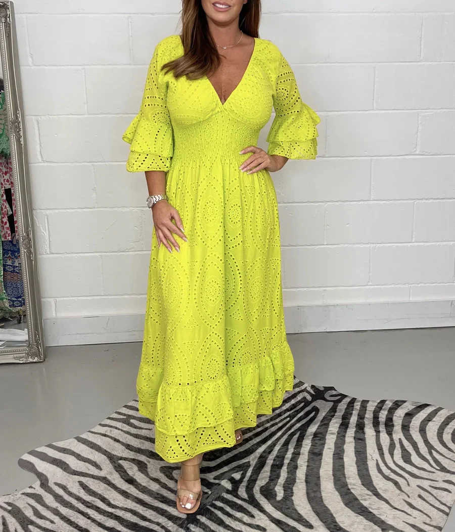 Damen Maxikleid mit floraler Lochstickerei und weiten Ärmeln R&B - Image 7