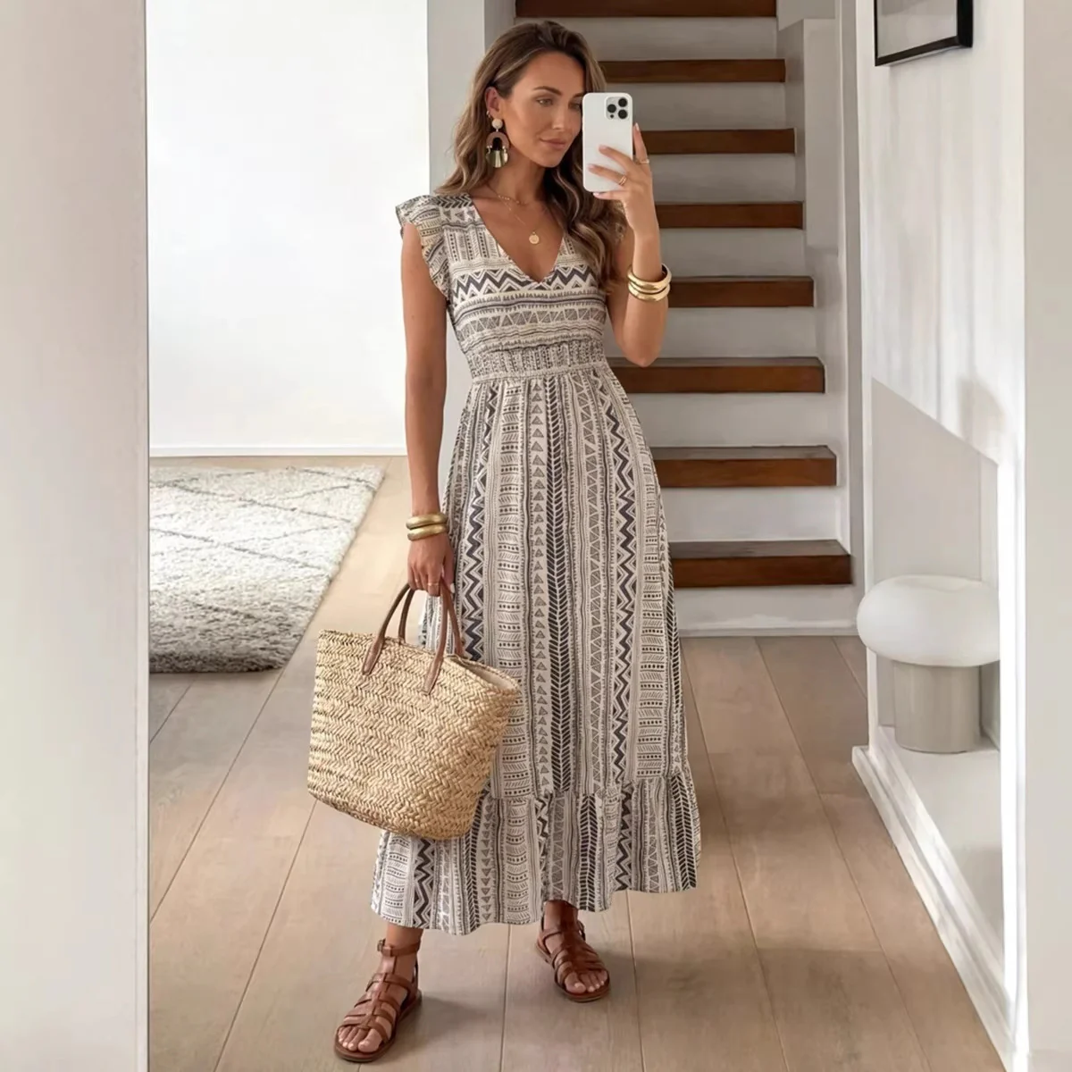 Damen Maxikleid mit folkloristischem Muster R&B