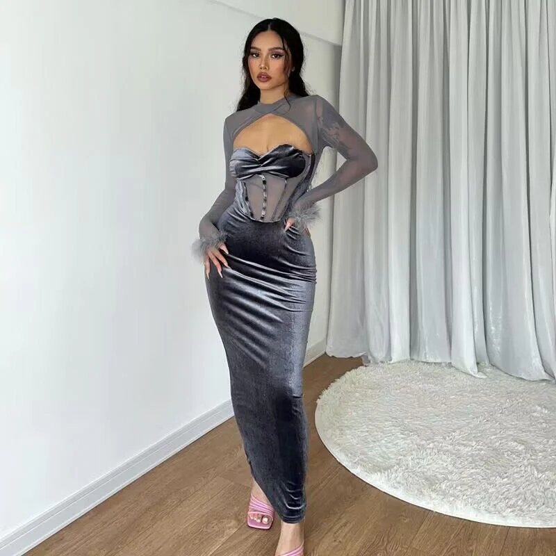 Damen Maxikleid mit innovativer Korsett-Oberpartie und transparenten Ärmeln R&B - Image 3