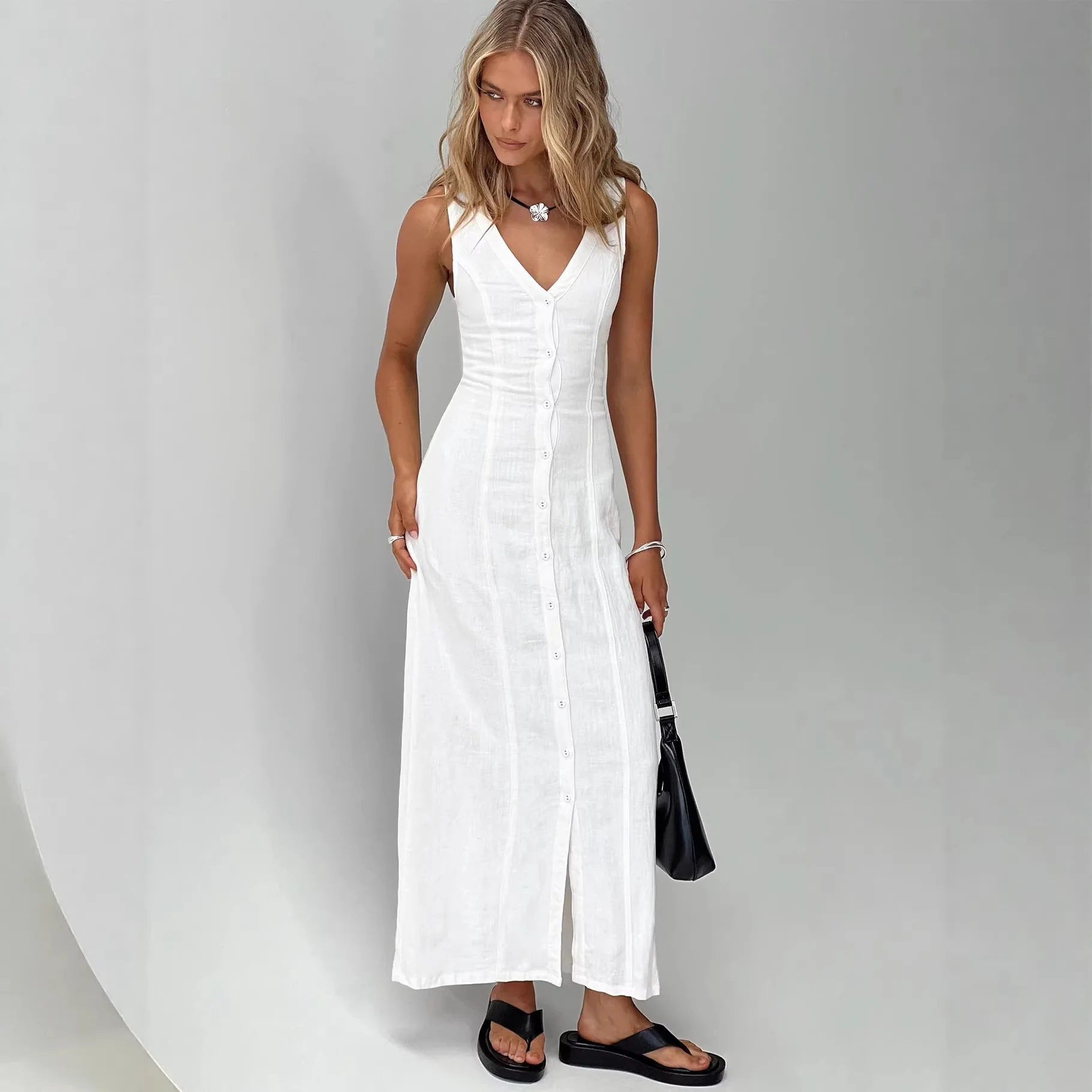 Damen Maxikleid mit knöpfbarem Ausschnitt und figurbetontem Schnitt R&B