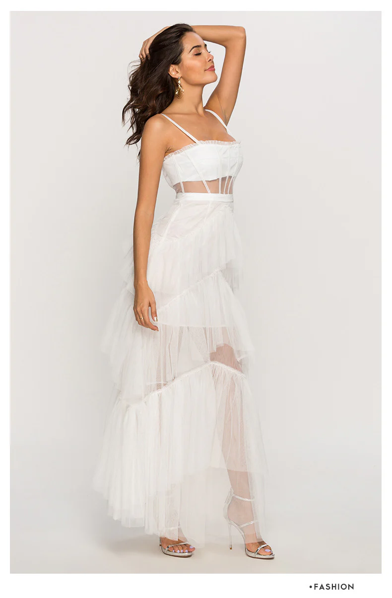 Damen Maxikleid mit mehrlagigem Tüllsaum und transparenter Einsätzen R&B - Image 7
