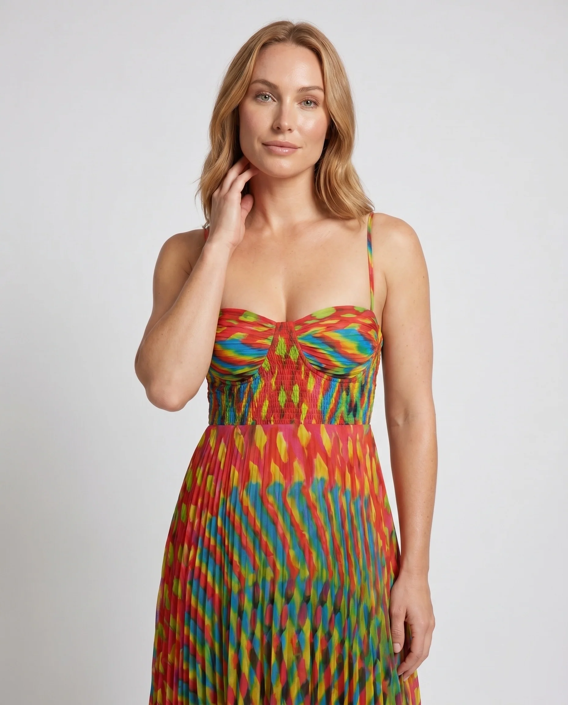 Damen Maxikleid mit modernen geometrischen Mustern und verspieltem Volantabschluss - Image 2