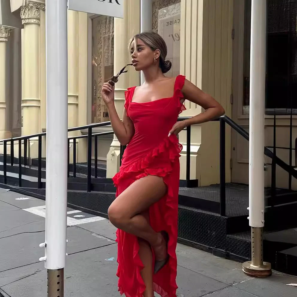 Damen Maxikleid mit originellem Rüschendetail und eleganter Taillierung R&B