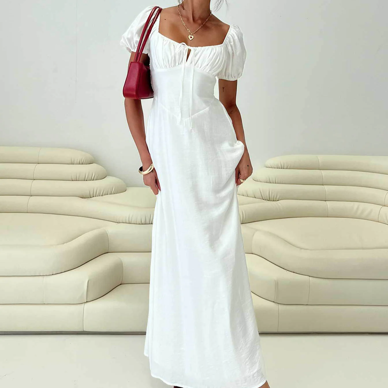 Damen Maxikleid mit Puffärmeln und elegantem Ausschnitt R&B - Image 2