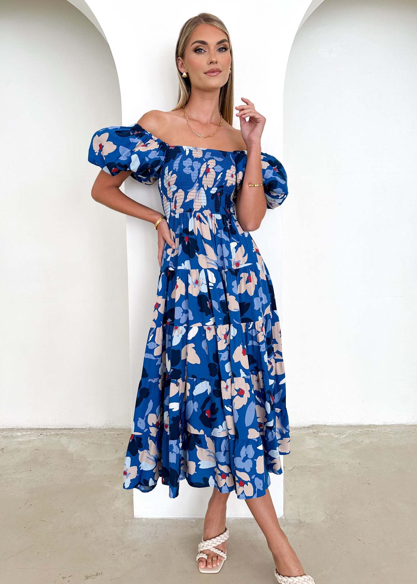 Damen Maxikleid mit Puffärmeln und floralem Smocking R&B - Image 7