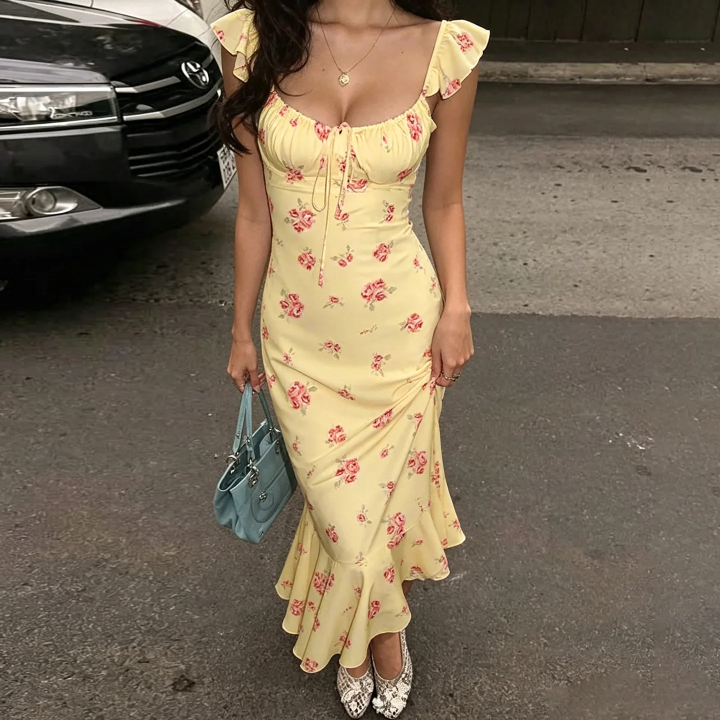 Damen Maxikleid mit Rüschensaum und floralem Muster R&B - Image 4