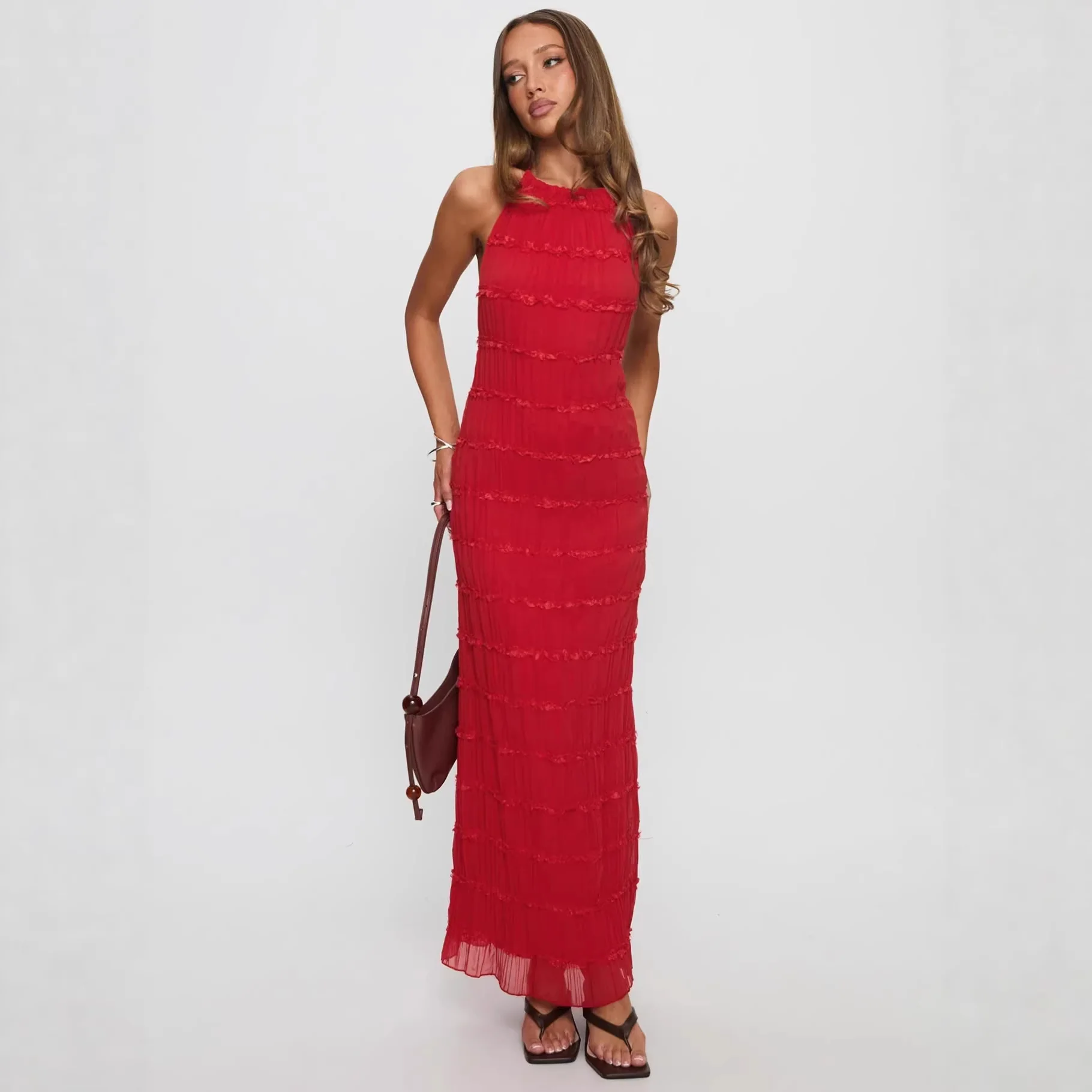 Damen Maxikleid mit schulterfreiem Design und fließenden Rüschen R&B - Image 4