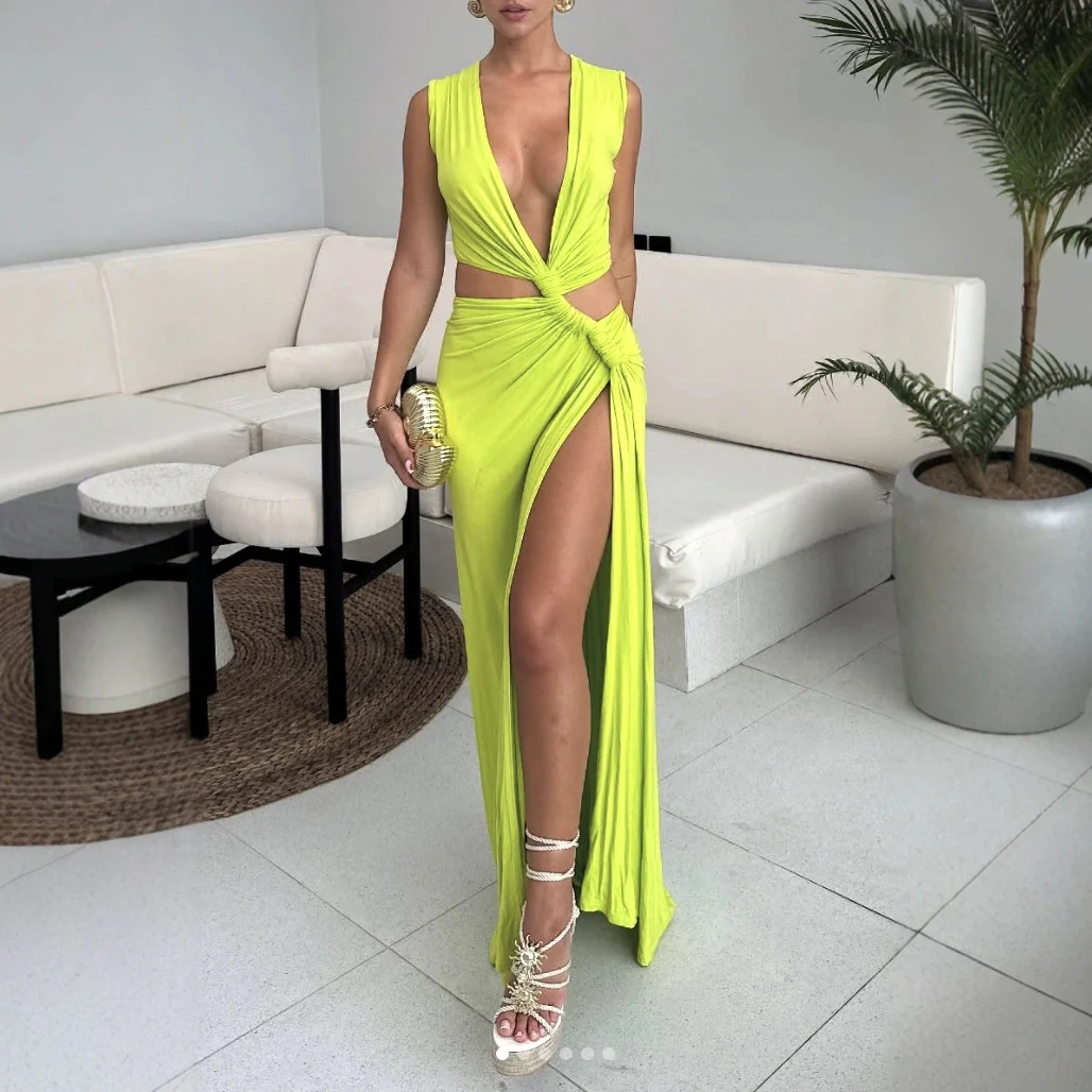 Damen Maxikleid mit sexy tiefem V-Ausschnitt und seitlichem Schlitz R&B - Image 3