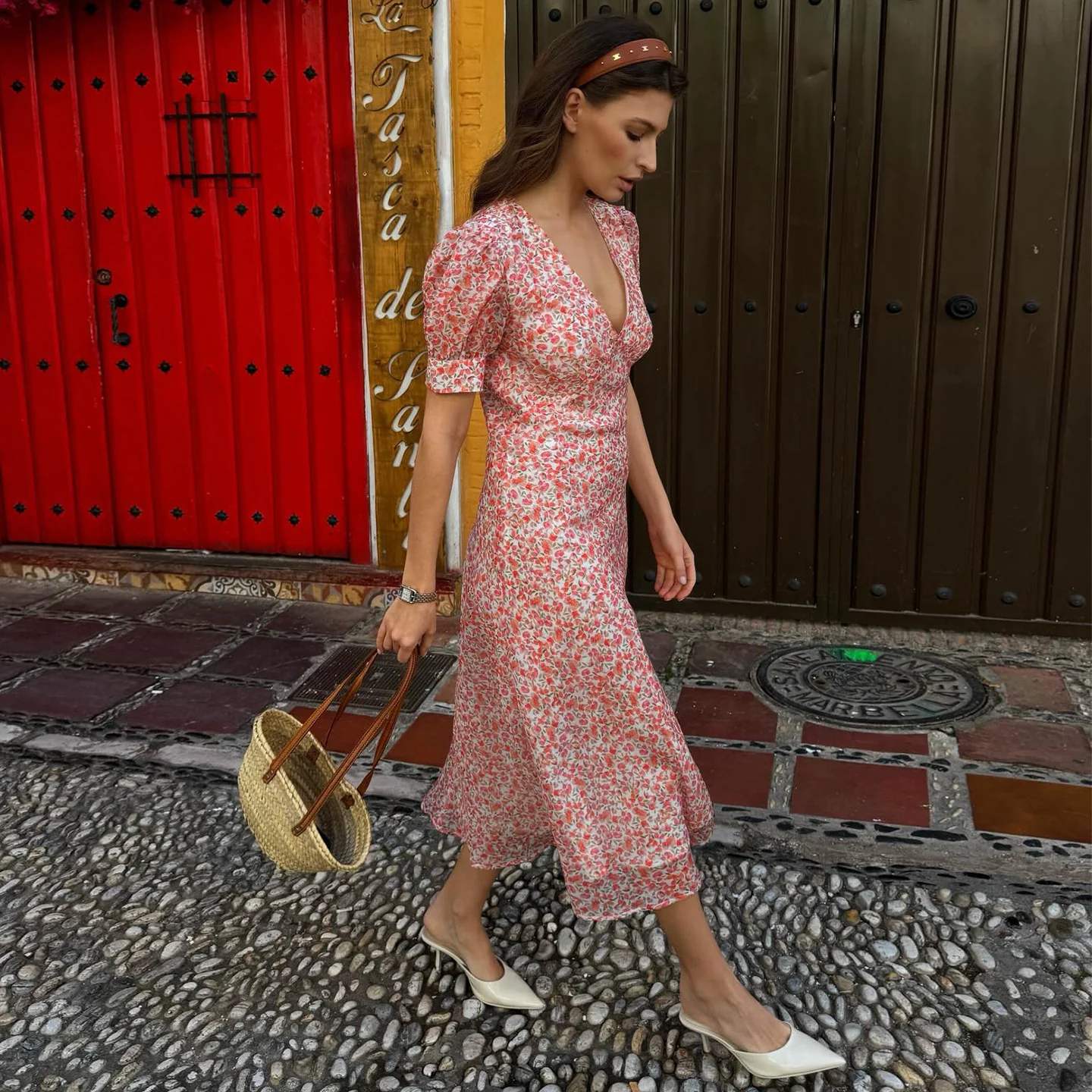 Damen Maxikleid mit süßem floralem Muster und puffärmeligem Schnitt R&B - Image 3