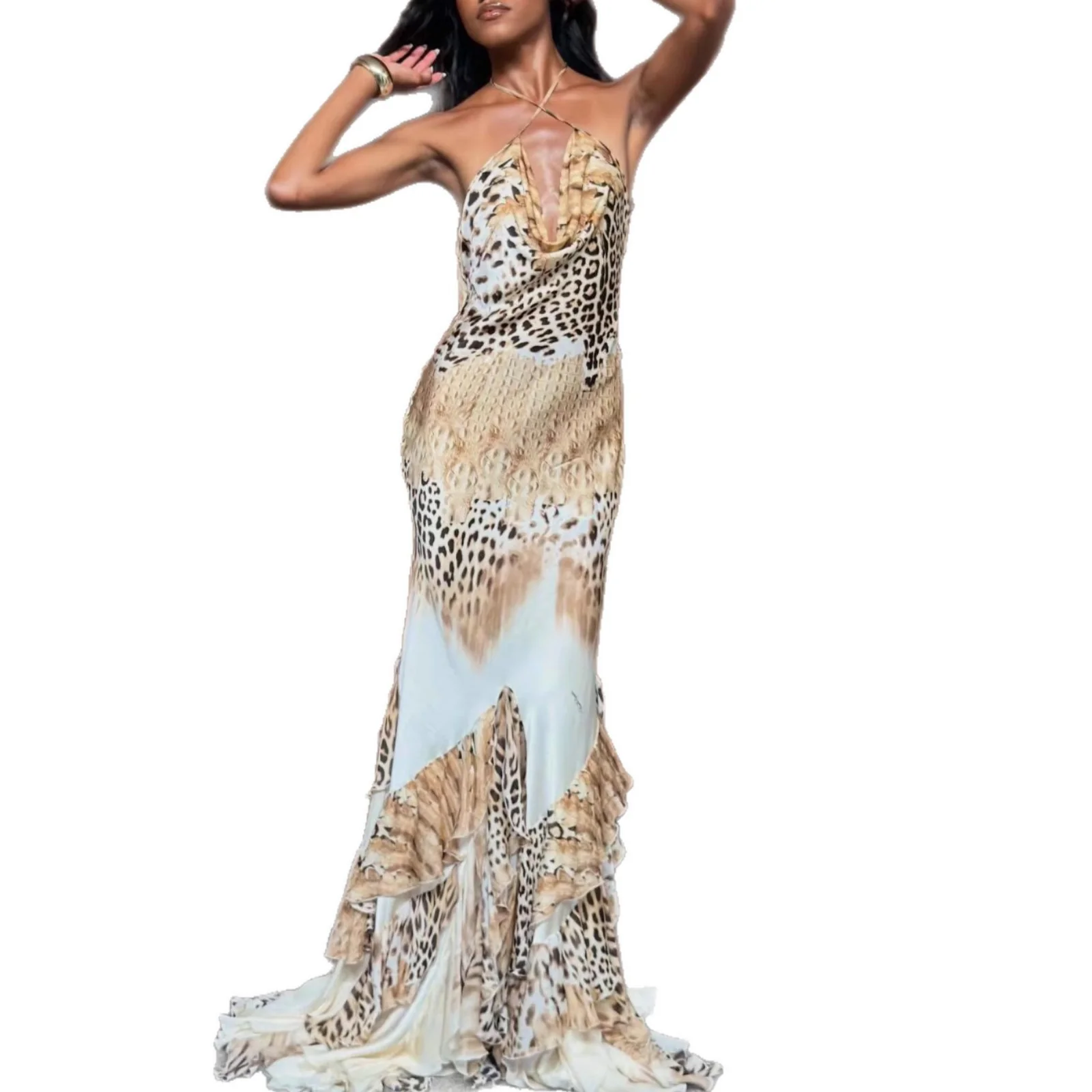 Damen Maxikleid mit tiefem V-Ausschnitt, Rüschensaum und tierischem Muster R&B - Image 5