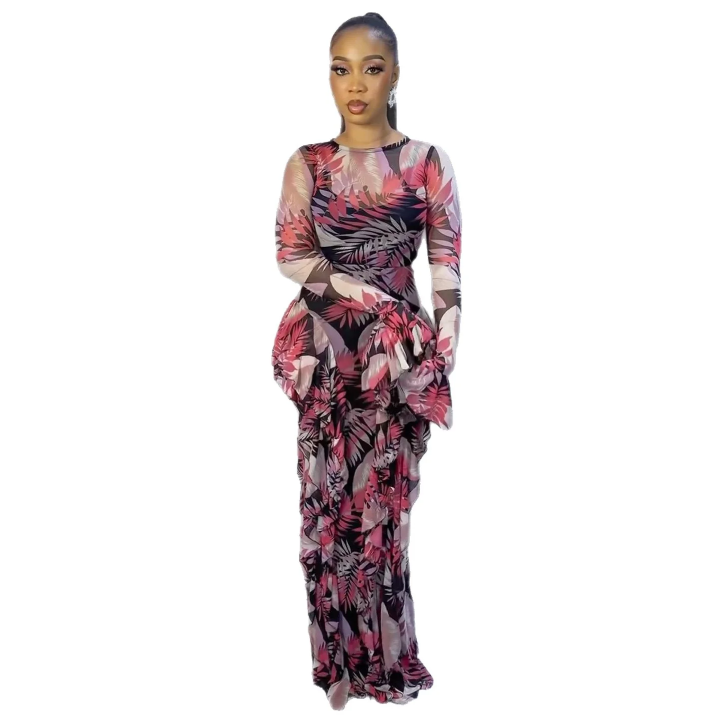 Damen Maxikleid mit transparenten Ärmeln und floralem Muster R&B - Image 5