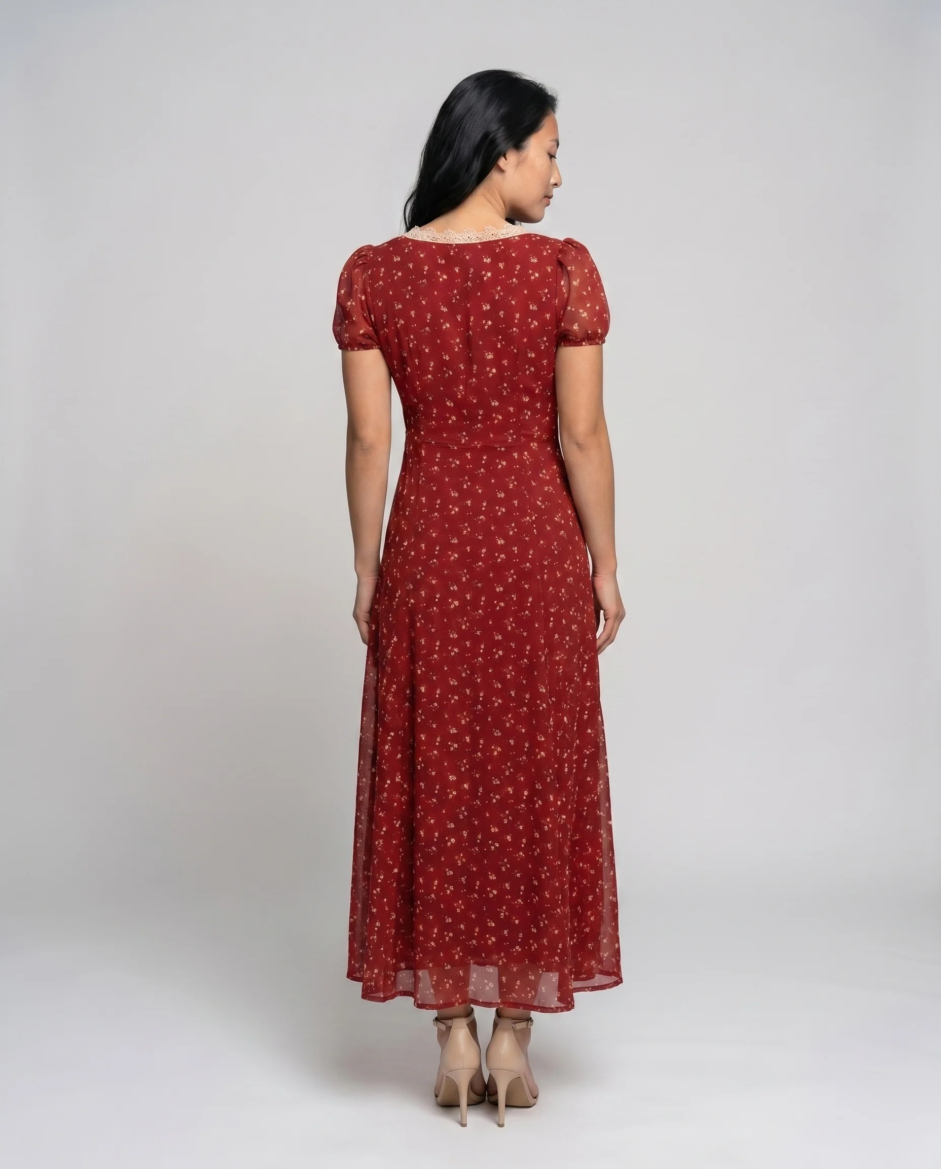 Damen Maxikleid mit V-Ausschnitt und Puffärmeln R&B - Image 4