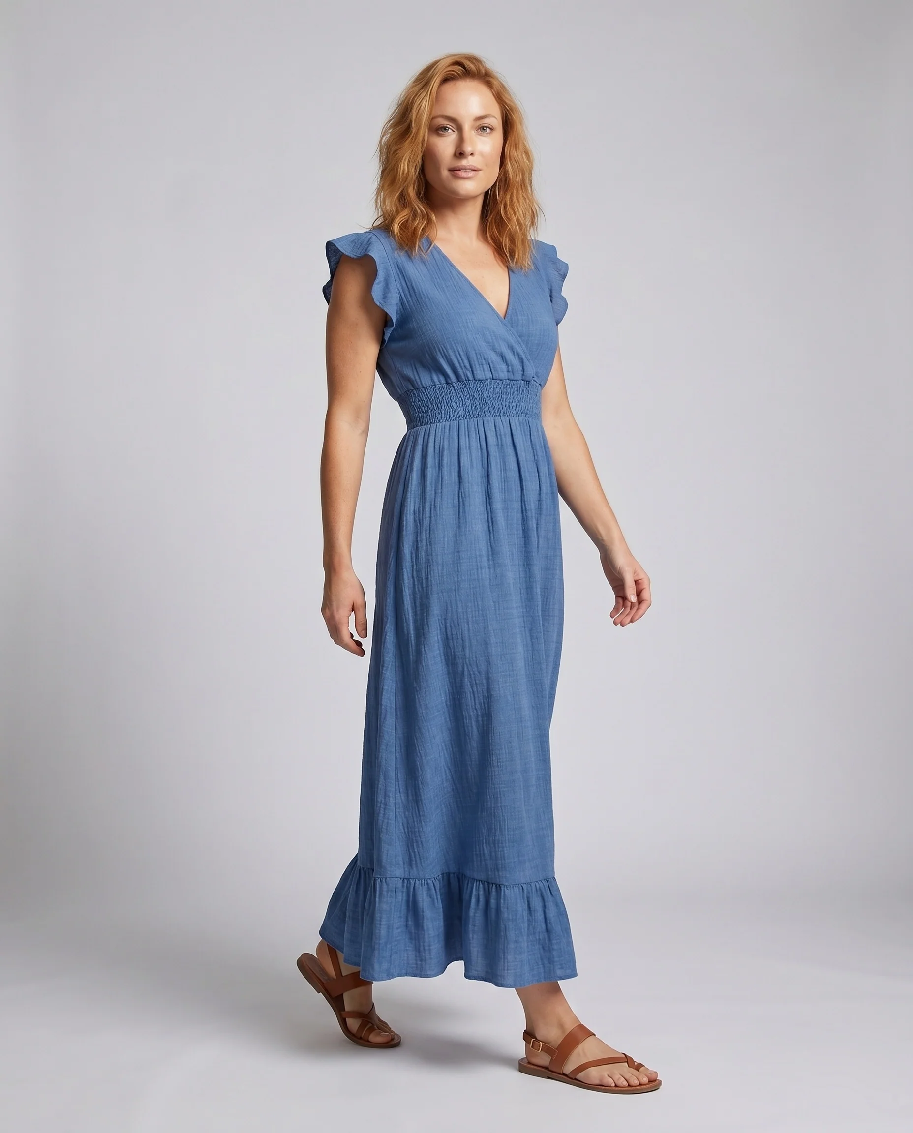 Damen Maxikleid mit V-Ausschnitt und Rüschendetails R&B