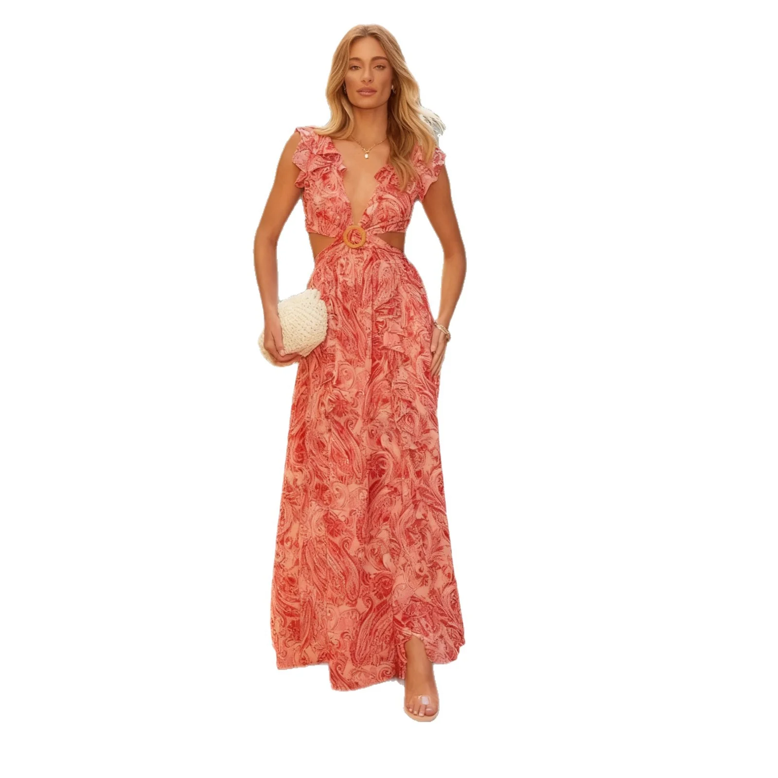 Damen Maxikleid mit voluminösen Rüschendetails und tiefem V-Ausschnitt R&B - Image 5