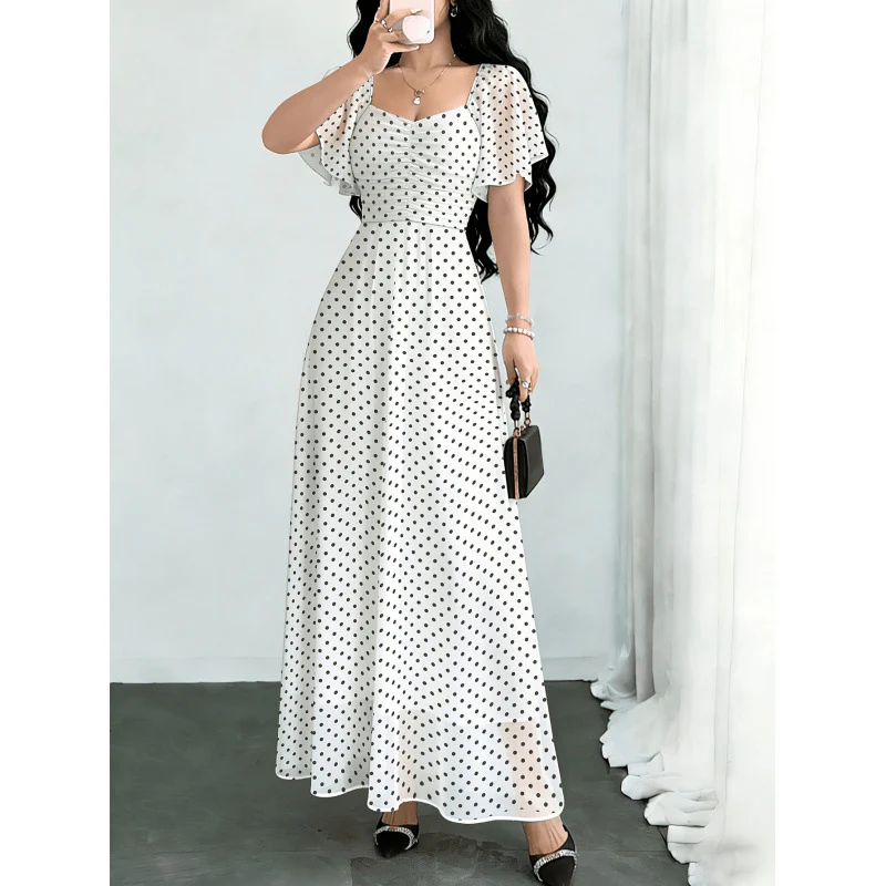 Damen Maxikleid mit voluminösen Rüschenschultern und vintage Punktedesign R&B - Image 3