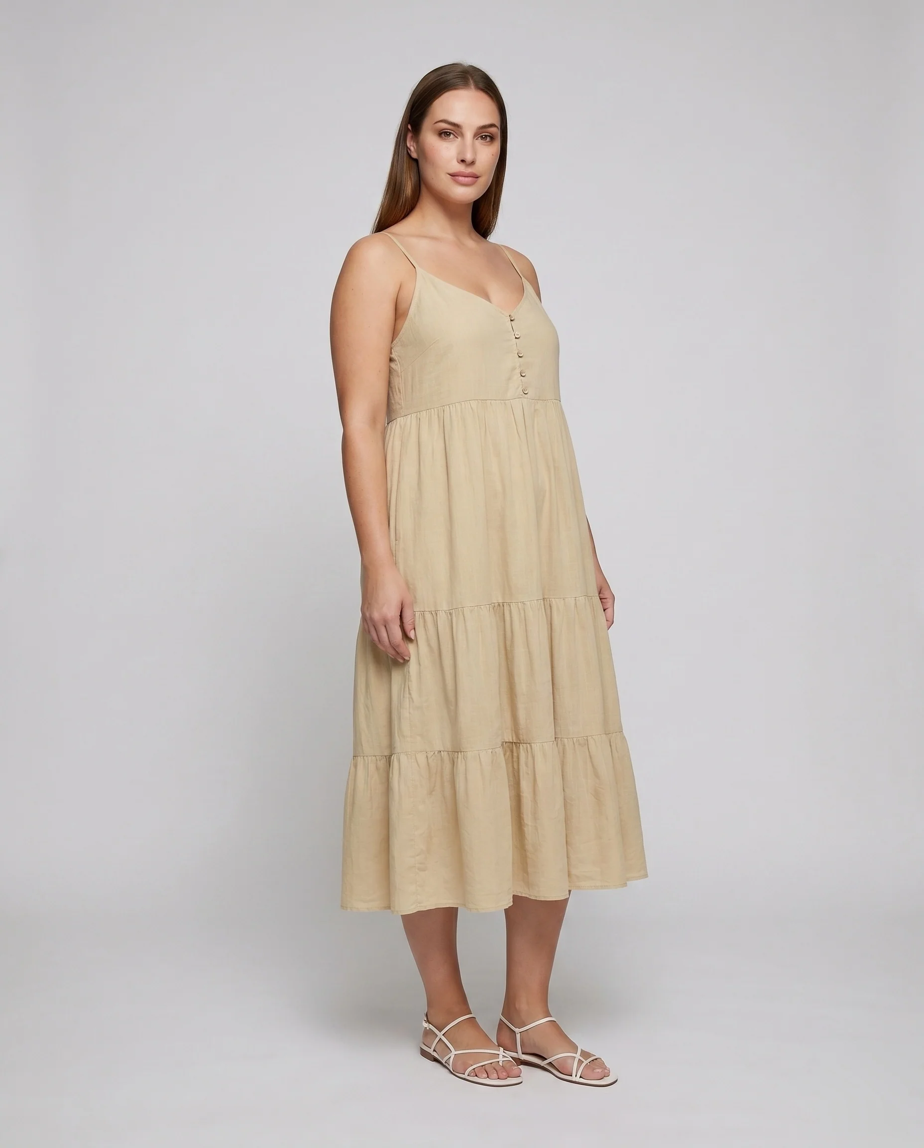 Damen Maxikleid mit zarten Spaghettiträgern und Knopfleiste