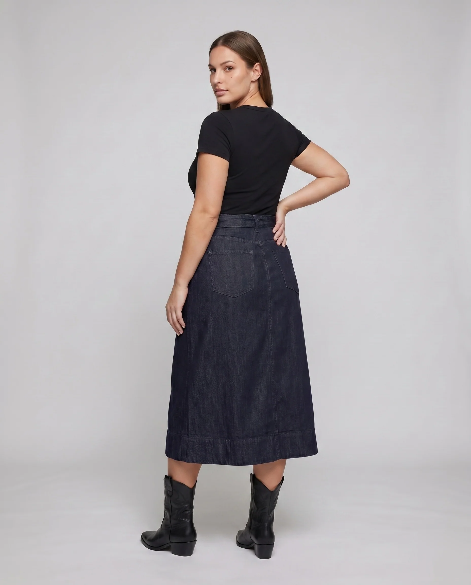 Damen Maxirock aus hochwertigem Denim mit Bindegürtel und Längsnähten - Image 4
