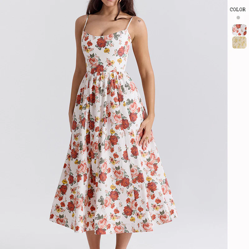 Damen Midi-Blumenkleid mit trägerlosem Stil und schwingendem Rock R&B