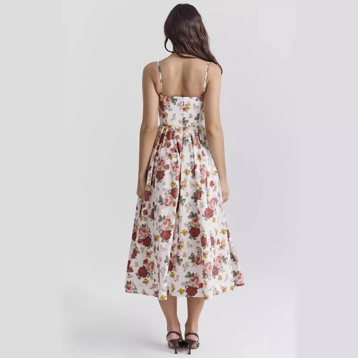 Damen Midi-Blumenkleid mit trägerlosem Stil und schwingendem Rock R&B - Image 3