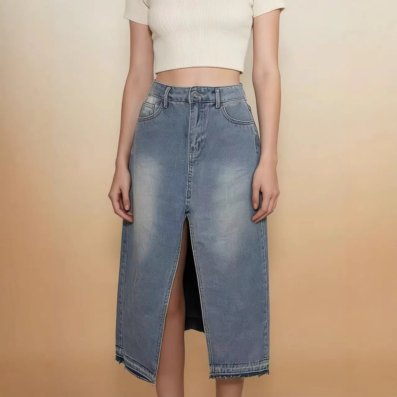 Damen Midi-Denim-Rock mit hohem Schlitz und fransigem Saum R&B - Image 4