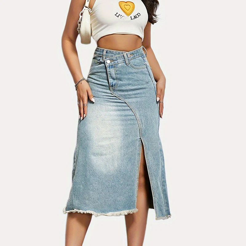 Damen Midi-Jeansrock mit hoher Taille und modischem Fransenabschluss R&B