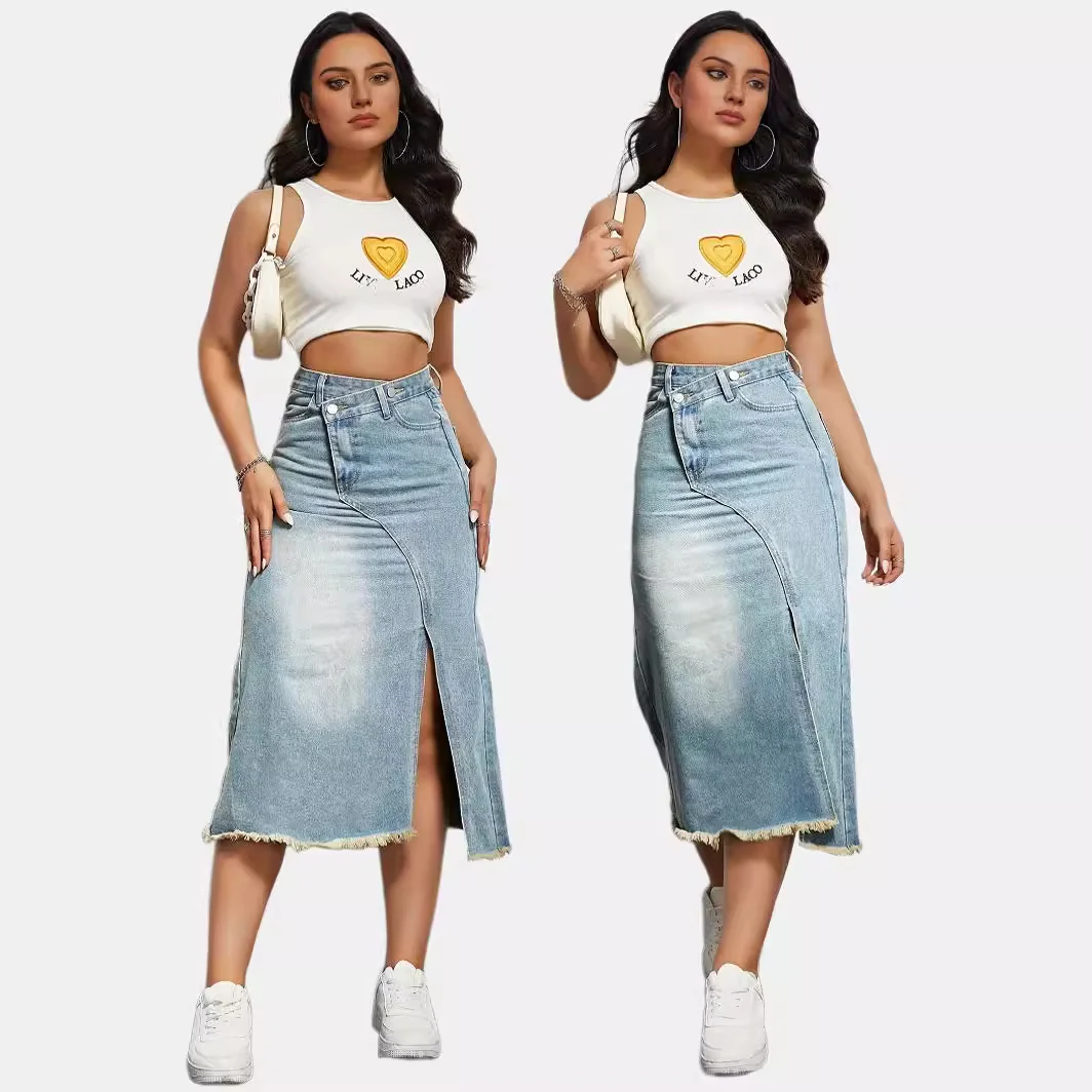 Damen Midi-Jeansrock mit hoher Taille und modischem Fransenabschluss R&B - Image 2
