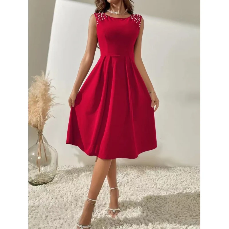 Damen Midi-Kleid mit dekorativen Perlenakzenten und schwingendem Rock R&B - Image 2