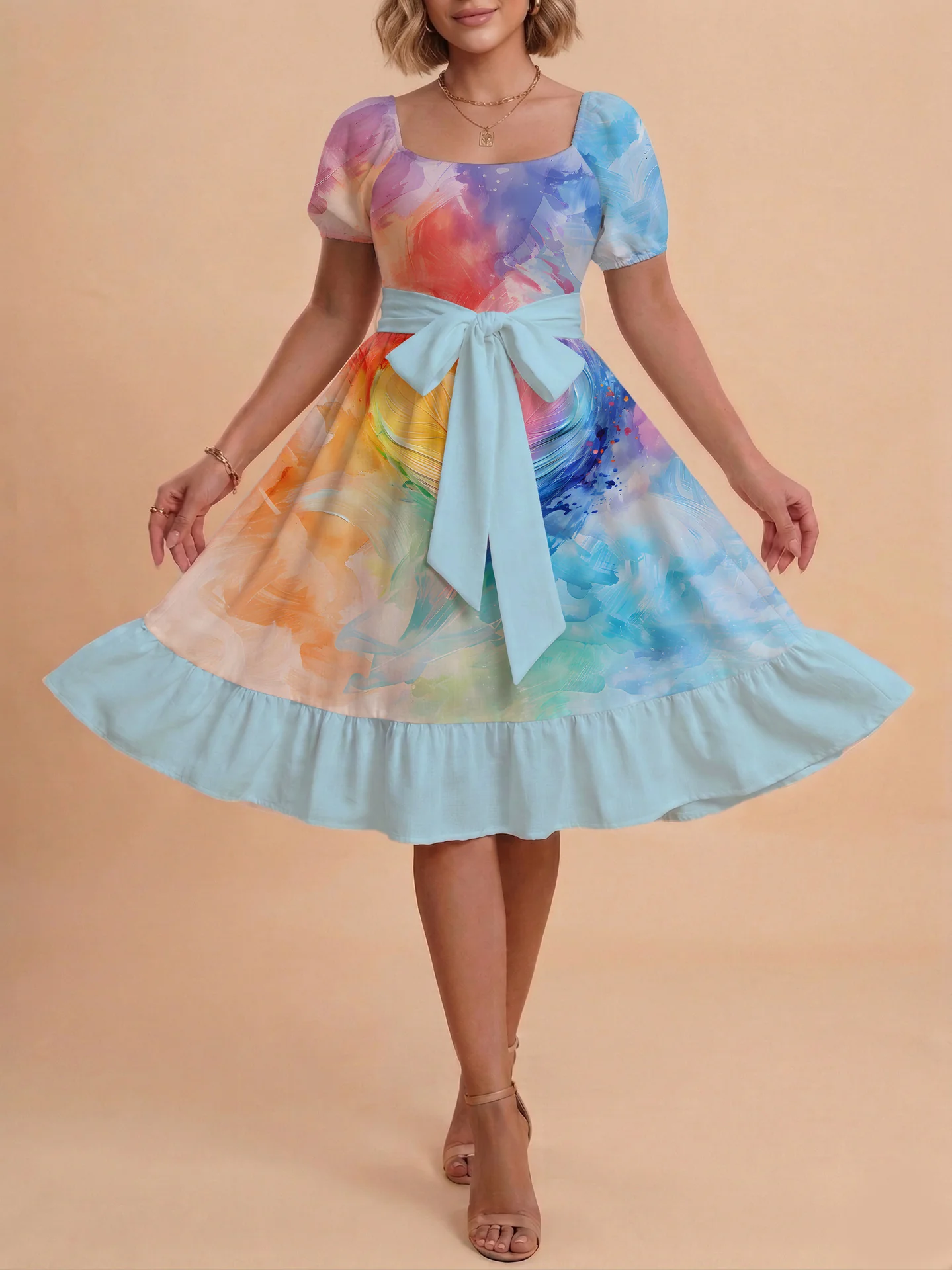 Damen Midi Kleid mit elegantem Blumendruck und tailliertem Gürtel R&B - Image 24