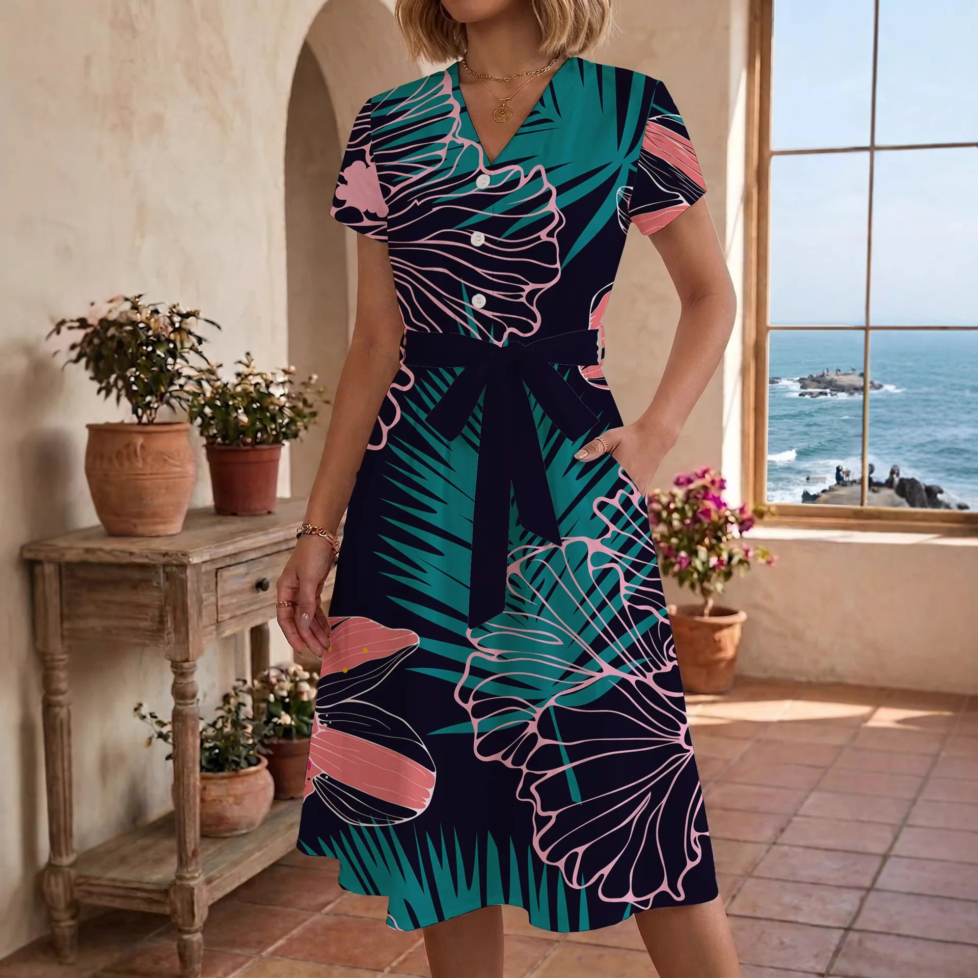 Damen Midi-Kleid mit floralem Design und bequemer Passform R&B - Image 4