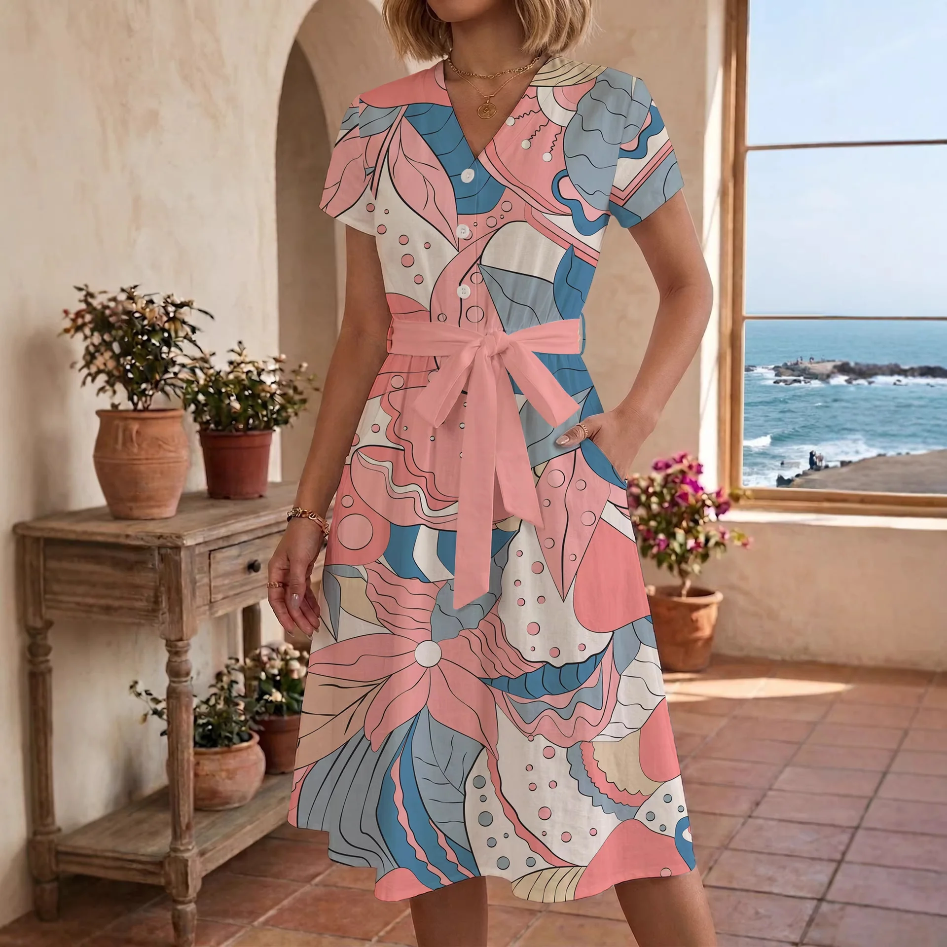 Damen Midi Kleid mit floralen Akzenten und tailliertem Schnitt R&B