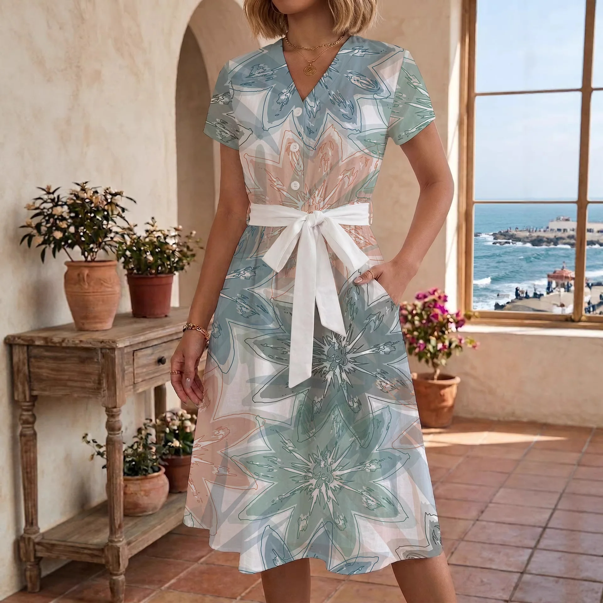 Damen Midi Kleid mit floralen Akzenten und tailliertem Schnitt R&B - Image 2