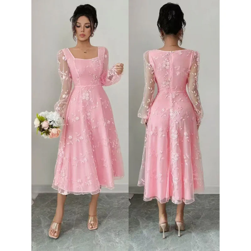 Damen Midi-Kleid mit floralen Spitzenärmeln und schwingendem Saum R&B