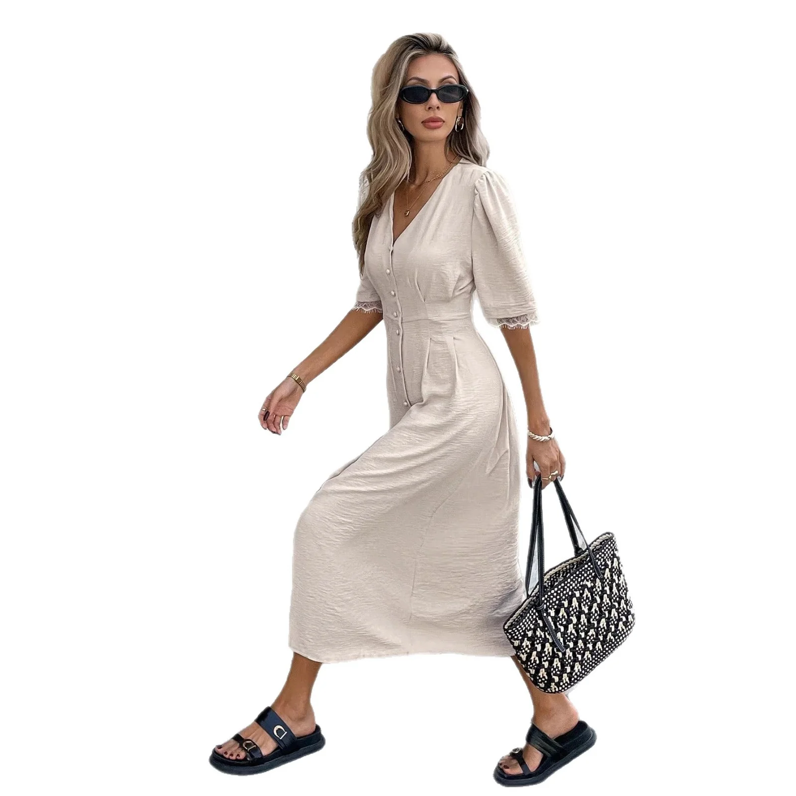 Damen Midi-Kleid mit Knopfdetails und femininen Puffärmeln R&B - Image 5