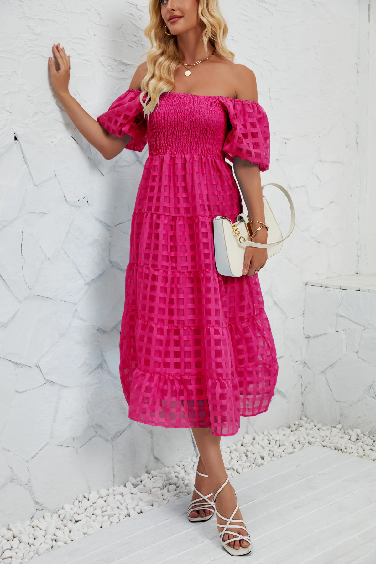Damen Midi-Kleid mit Puffärmeln und elastischem Taillengürtel R&B - Image 6