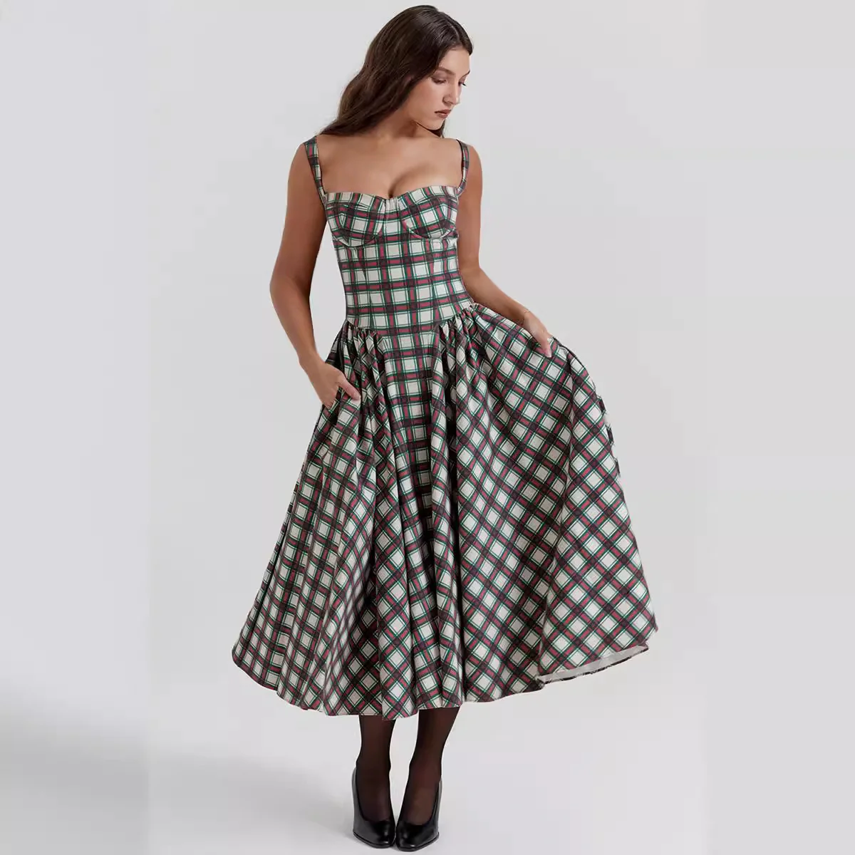 Damen Midikleid im Karomuster mit strukturiertem Oberteil und voluminösem Rock R&B - Image 2