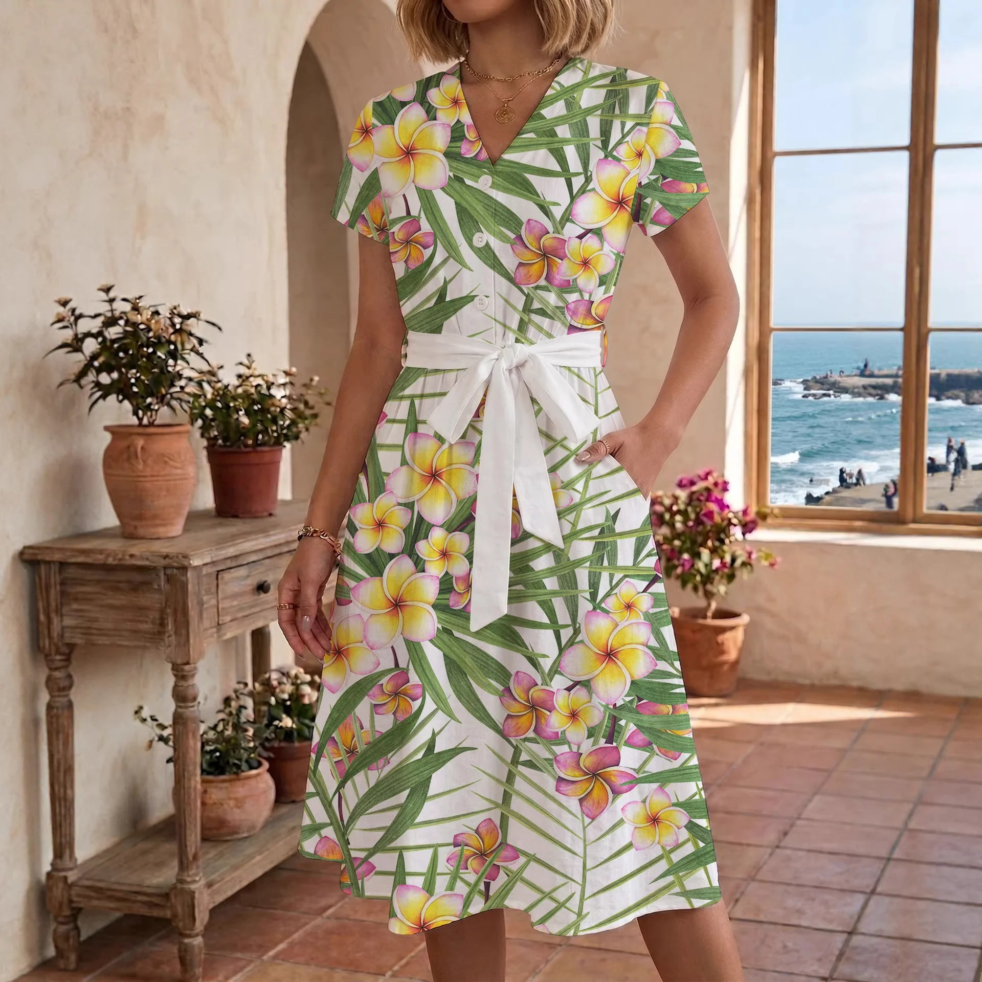 Damen Midikleid mit farbenfrohem Blumendesign und taillierbarem Bindegürtel R&B - Image 3