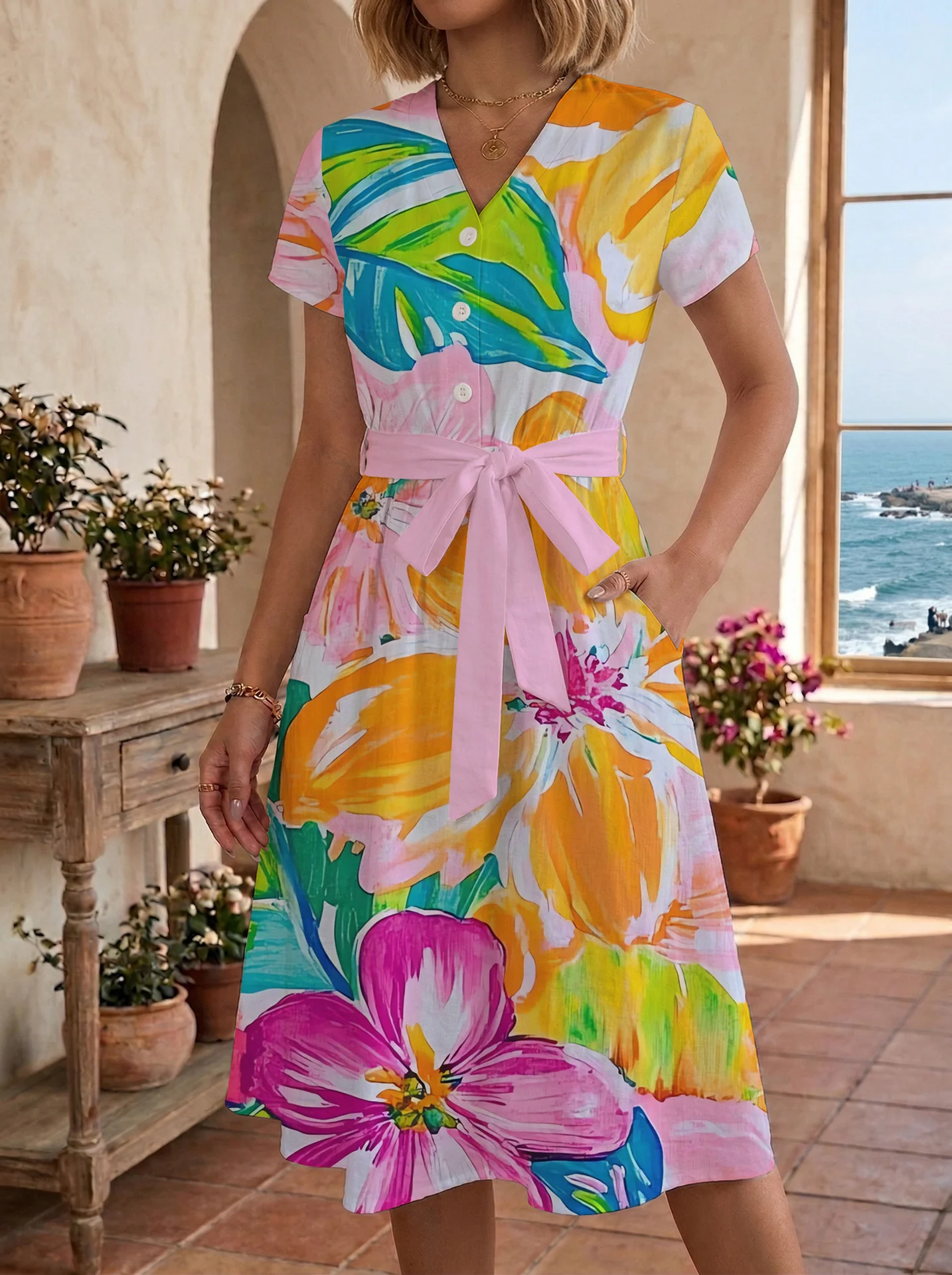 Damen Midikleid mit farbenfrohem Blumendesign und taillierbarem Bindegürtel R&B - Image 34