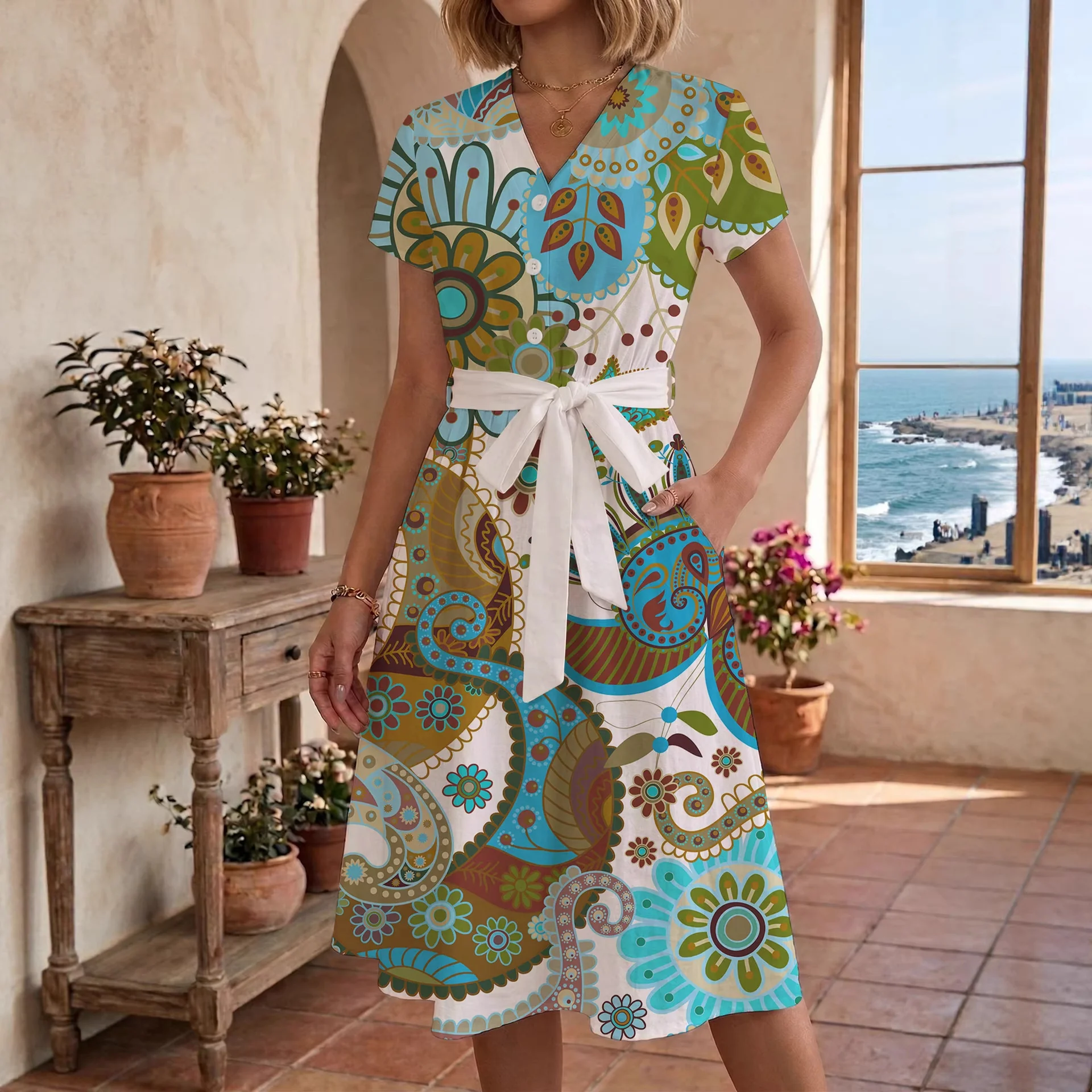 Damen Midikleid mit floralem Motiv und Taillengürtel R&B - Image 2