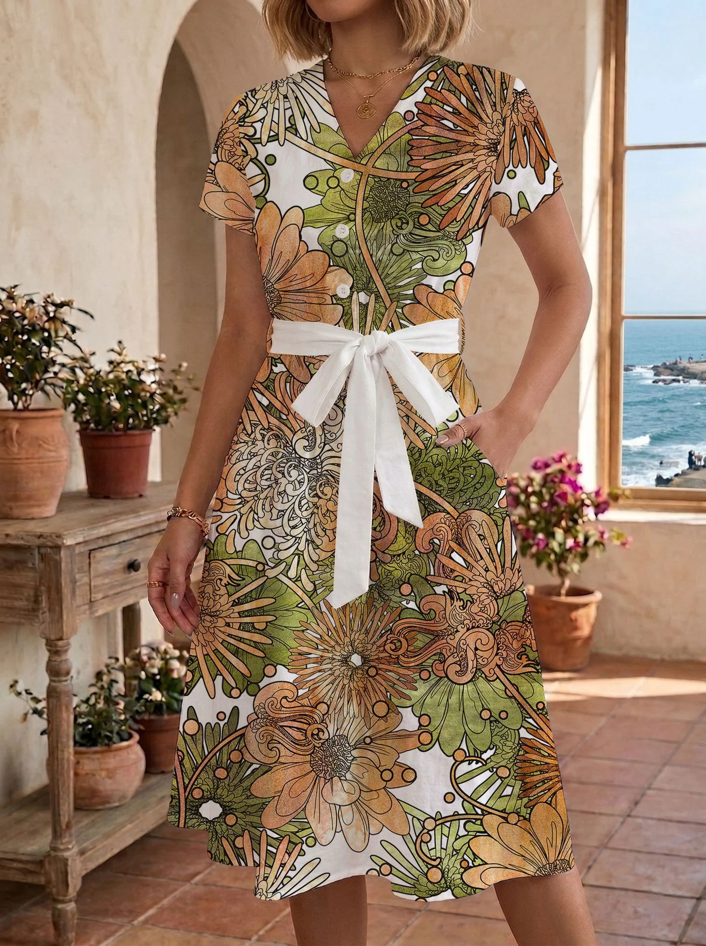 Damen Midikleid mit floralem Motiv und Taillengürtel R&B - Image 20
