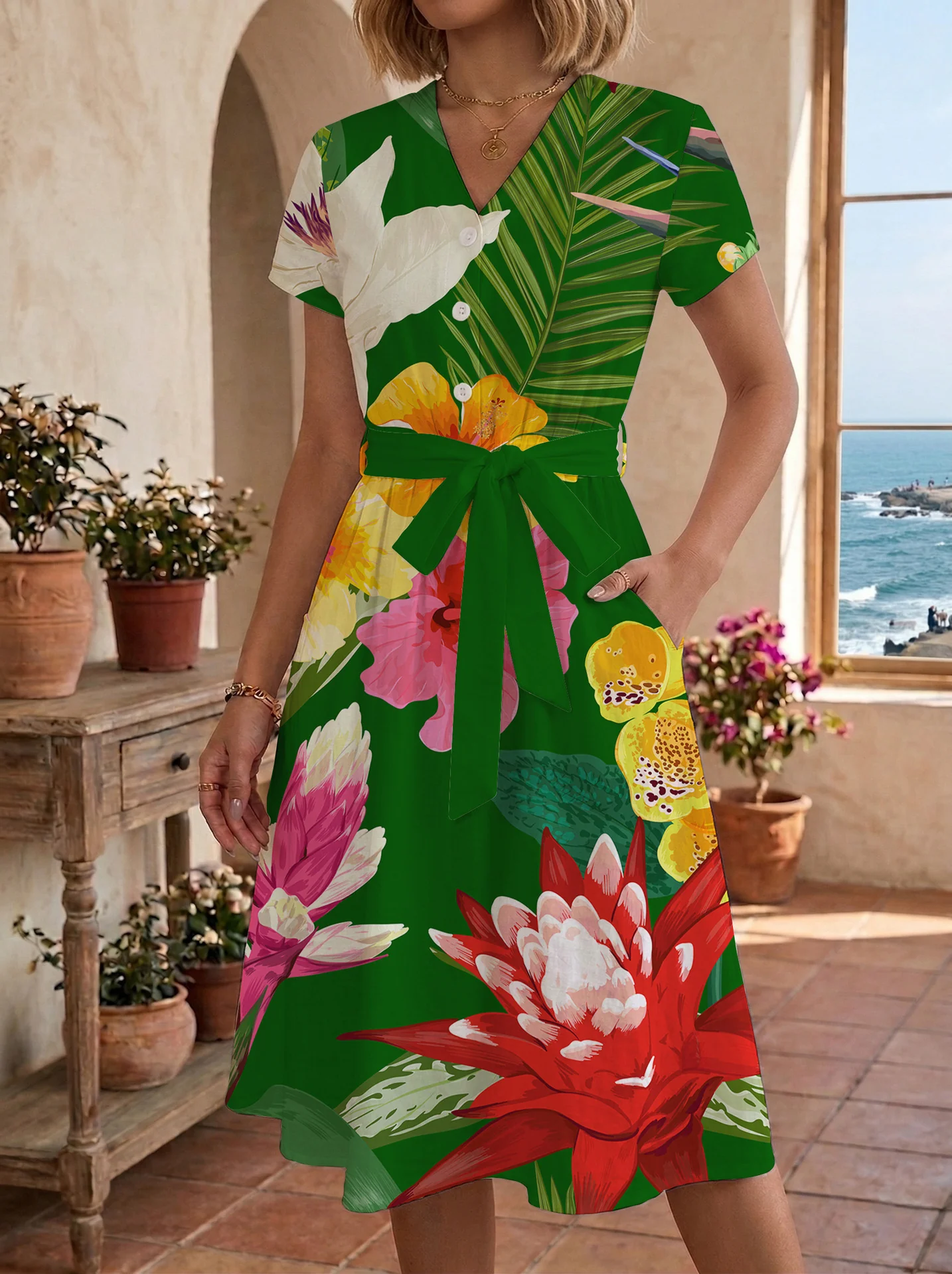 Damen Midikleid mit floralem Motiv und Taillengürtel R&B - Image 25