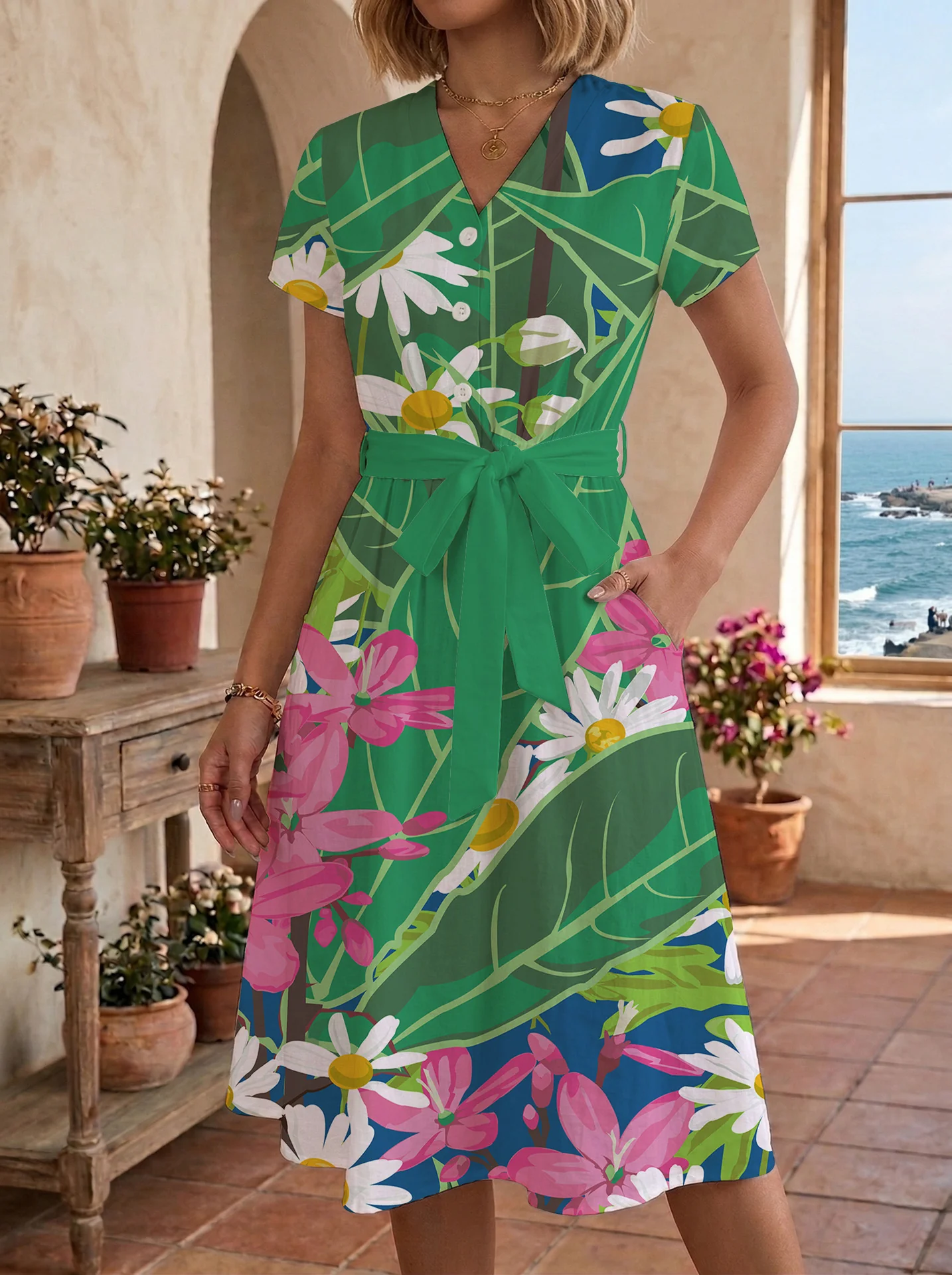 Damen Midikleid mit floralem Motiv und Taillengürtel R&B - Image 34