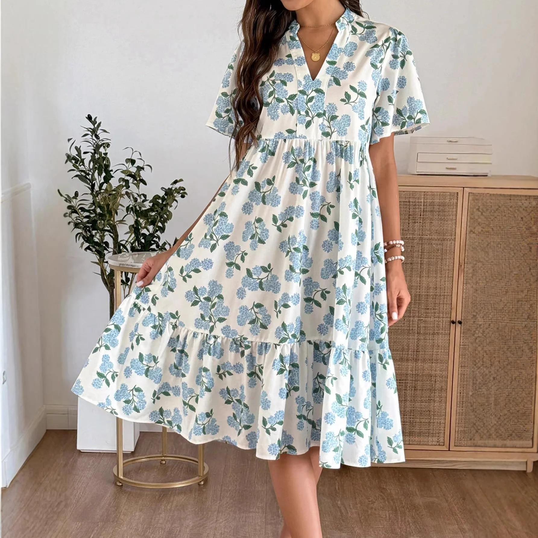 Damen Midikleid mit frischem Blumenmuster und voluminösem Rock R&B - Image 2