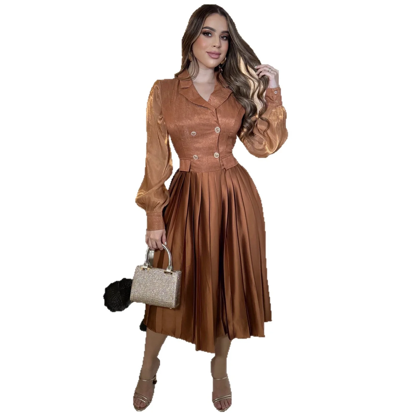 Damen Midikleid mit klassischem Kragen und eleganter Faltenoptik R&B - Image 5