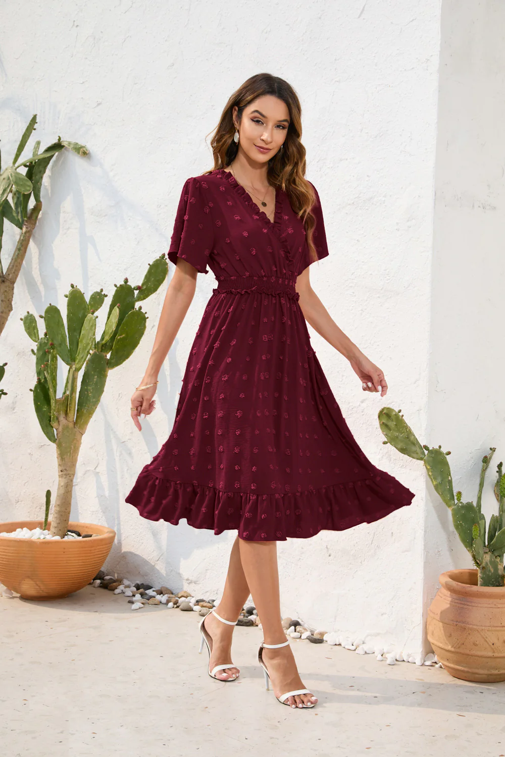 Damen Midikleid mit raffiniertem V-Ausschnitt, elastischem Taillenzug und fließendem Rock R&B - Image 9