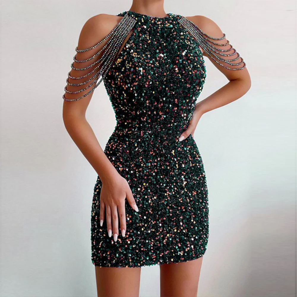 Damen Mini-Kleid mit glänzender Paillettenverzierung und eleganten Kettenärmel R&B - Image 7