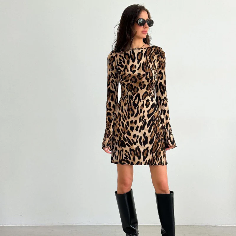 Damen Mini-Kleid mit langem Arm im Leopardenmuster R&B - Image 2