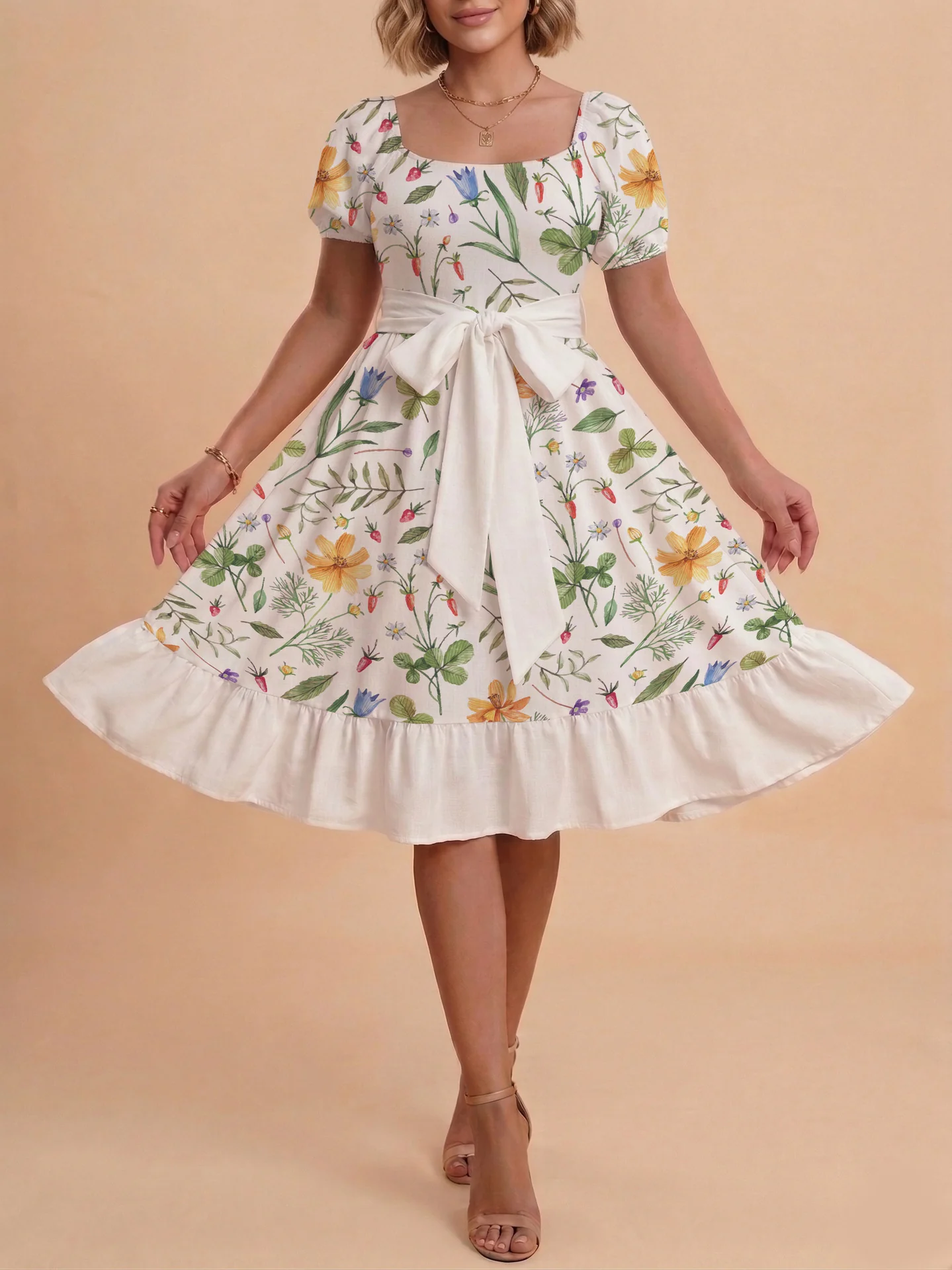 Damen modernes Blumenkleid mit elegantem Taillengürtel und asymmetrischem Saum R&B - Image 12